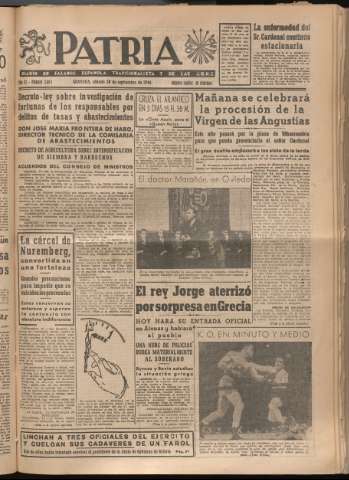 'Patria : diario de Falange Española Tradicionalista y de las J.O.N.S.' - Año XI Número 3065 - 1946 septiembre 28