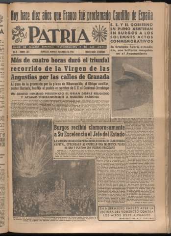 'Patria : diario de Falange Española Tradicionalista y de las J.O.N.S.' - Año XI Número 3067 - 1946 octubre 1
