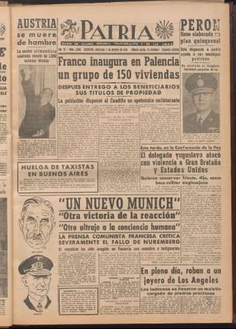 'Patria : diario de Falange Española Tradicionalista y de las J.O.N.S.' - Año XI Número 2ed_3068 - 1946 octubre 2