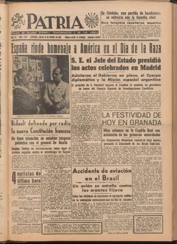 'Patria : diario de Falange Española Tradicionalista y de las J.O.N.S.' - Año XI Número 2ed_3077 - 1946 octubre 12