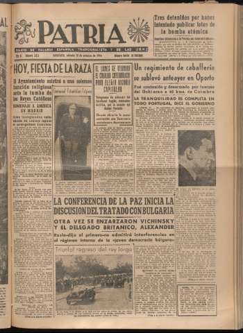 'Patria : diario de Falange Española Tradicionalista y de las J.O.N.S.' - Año XI Número 3077 - 1946 octubre 12
