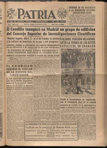 'Patria : diario de Falange Española Tradicionalista y de las J.O.N.S.' - Año XI Número 3078 - 1946 octubre 13