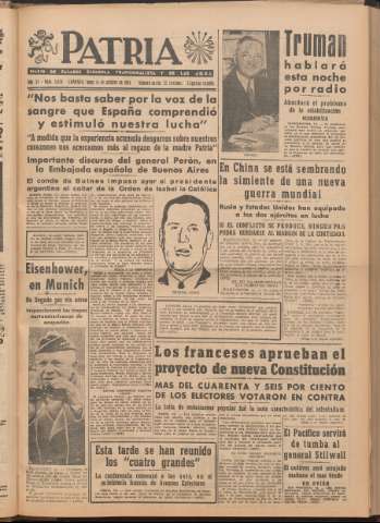'Patria : diario de Falange Española Tradicionalista y de las J.O.N.S.' - Año XI Número 2ed_3078 - 1946 octubre 14
