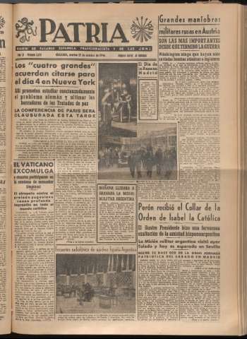 'Patria : diario de Falange Española Tradicionalista y de las J.O.N.S.' - Año XI Número 3079 - 1946 octubre 15