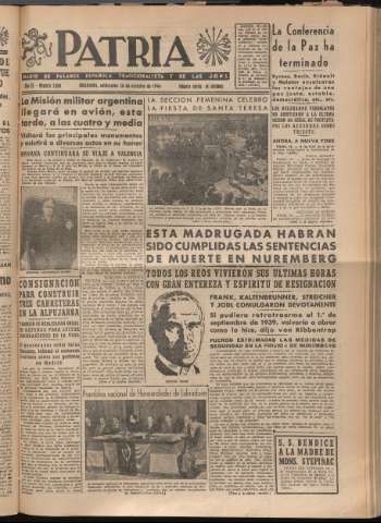 'Patria : diario de Falange Española Tradicionalista y de las J.O.N.S.' - Año XI Número 3080 - 1946 octubre 16