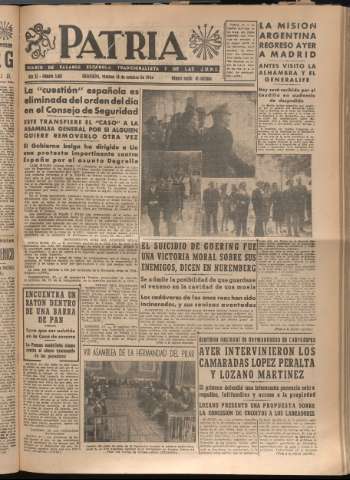 'Patria : diario de Falange Española Tradicionalista y de las J.O.N.S.' - Año XI Número 3082 - 1946 octubre 18