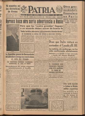 'Patria : diario de Falange Española Tradicionalista y de las J.O.N.S.' - Año XI Número 2ed_3083 - 1946 octubre 19