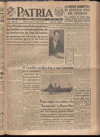 'Patria : diario de Falange Española Tradicionalista y de las J.O.N.S.' - Año XI Número 3083 - 1946 octubre 19
