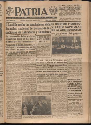 'Patria : diario de Falange Española Tradicionalista y de las J.O.N.S.' - Año XI Número 3084 - 1946 octubre 20