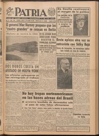 'Patria : diario de Falange Española Tradicionalista y de las J.O.N.S.' - Año XI Número 2ed_3085 - 1946 octubre 22