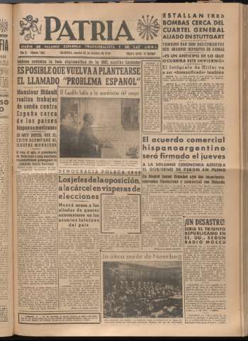 'Patria : diario de Falange Española Tradicionalista y de las J.O.N.S.' - Año XI Número 3085 - 1946 octubre 22