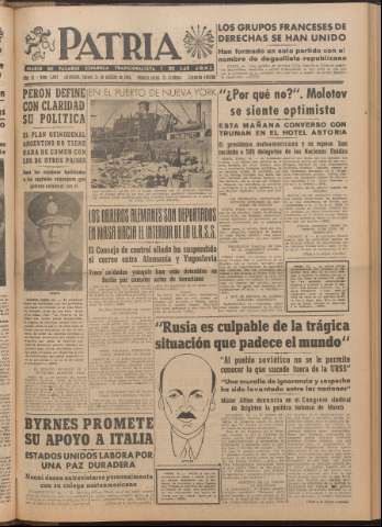 'Patria : diario de Falange Española Tradicionalista y de las J.O.N.S.' - Año XI Número 2ed_3087 - 1946 octubre 24