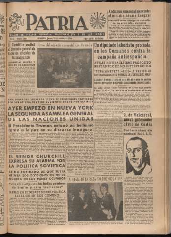 'Patria : diario de Falange Española Tradicionalista y de las J.O.N.S.' - Año XI Número 3087 - 1946 octubre 24