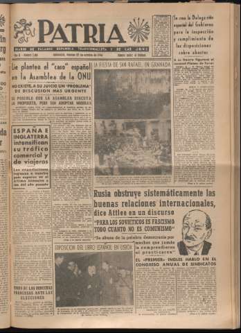 'Patria : diario de Falange Española Tradicionalista y de las J.O.N.S.' - Año XI Número 3088 - 1946 octubre 25
