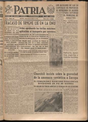 'Patria : diario de Falange Española Tradicionalista y de las J.O.N.S.' - Año XI Número 3089 - 1946 octubre 26