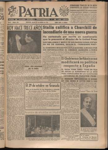 'Patria : diario de Falange Española Tradicionalista y de las J.O.N.S.' - Año XI Número 3091 - 1946 octubre 29