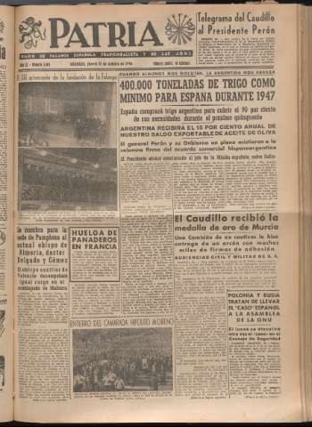 'Patria : diario de Falange Española Tradicionalista y de las J.O.N.S.' - Año XI Número 3093 - 1946 octubre 31