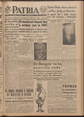 'Patria : diario de Falange Española Tradicionalista y de las J.O.N.S.' - Año XI Número 2ed_3094 - 1946 noviembre 1