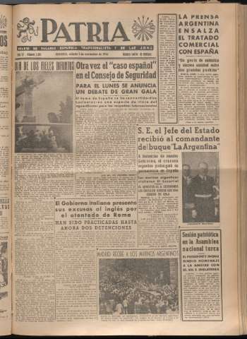 'Patria : diario de Falange Española Tradicionalista y de las J.O.N.S.' - Año XI Número 3095 - 1946 noviembre 2