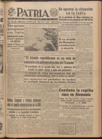 'Patria : diario de Falange Española Tradicionalista y de las J.O.N.S.' - Año XI Número 2ed_3099 - 1946 noviembre 7