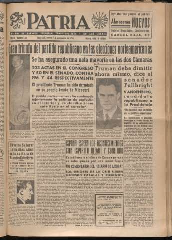 'Patria : diario de Falange Española Tradicionalista y de las J.O.N.S.' - Año XI Número 3099 - 1946 noviembre 7