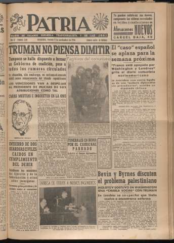 'Patria : diario de Falange Española Tradicionalista y de las J.O.N.S.' - Año XI Número 3100 - 1946 noviembre 8