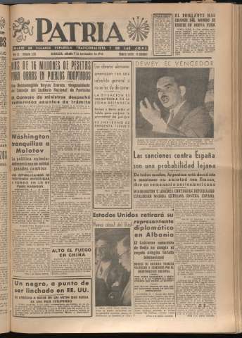 'Patria : diario de Falange Española Tradicionalista y de las J.O.N.S.' - Año XI Número 3101 - 1946 noviembre 9