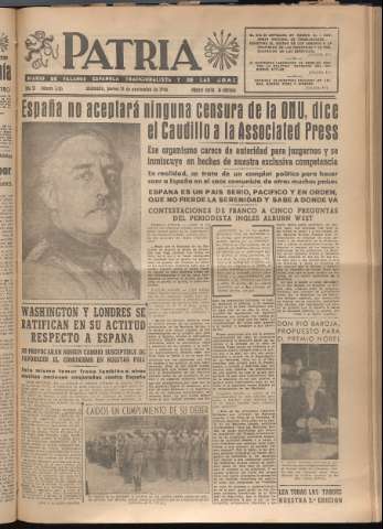 'Patria : diario de Falange Española Tradicionalista y de las J.O.N.S.' - Año XI Número 3105 - 1946 noviembre 14