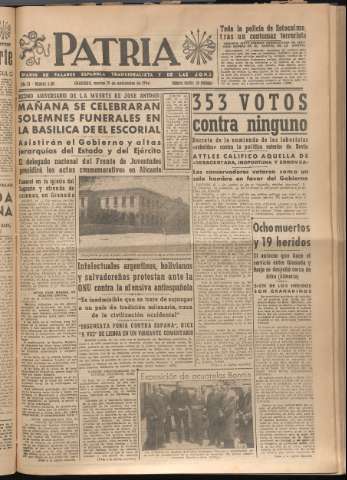 'Patria : diario de Falange Española Tradicionalista y de las J.O.N.S.' - Año XI Número 3109 - 1946 noviembre 19