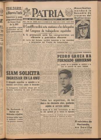 'Patria : diario de Falange Española Tradicionalista y de las J.O.N.S.' - Año XI Número 2ed_3119 - 1946 noviembre 30