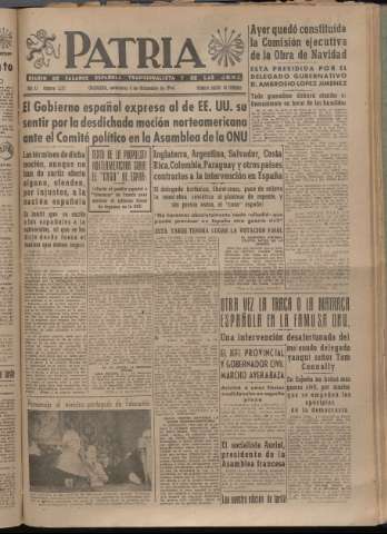'Patria : diario de Falange Española Tradicionalista y de las J.O.N.S.' - Año XI Número 3122 - 1946 diciembre 4