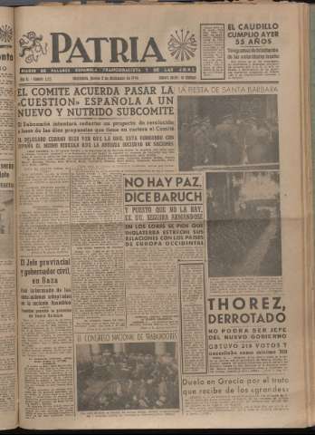 'Patria : diario de Falange Española Tradicionalista y de las J.O.N.S.' - Año XI Número 3123 - 1946 diciembre 5