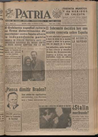 'Patria : diario de Falange Española Tradicionalista y de las J.O.N.S.' - Año XI Número 3125 - 1946 diciembre 7