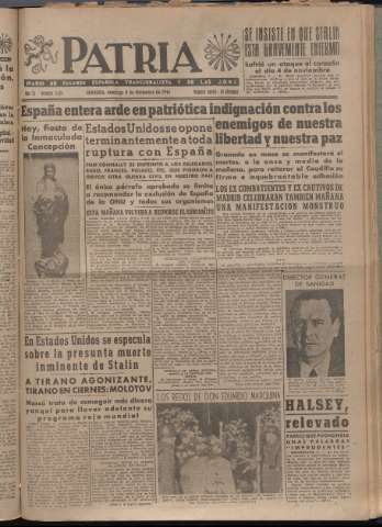 'Patria : diario de Falange Española Tradicionalista y de las J.O.N.S.' - Año XI Número 3126 - 1946 diciembre 8