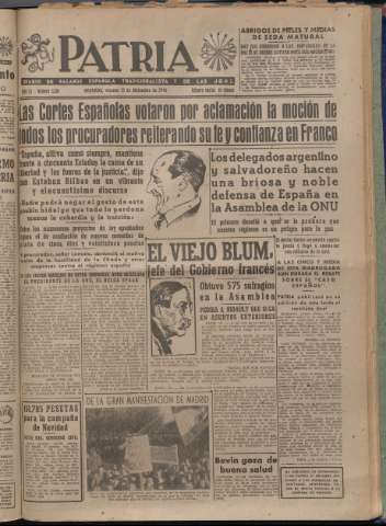 'Patria : diario de Falange Española Tradicionalista y de las J.O.N.S.' - Año XI Número 3130 - 1946 diciembre 13