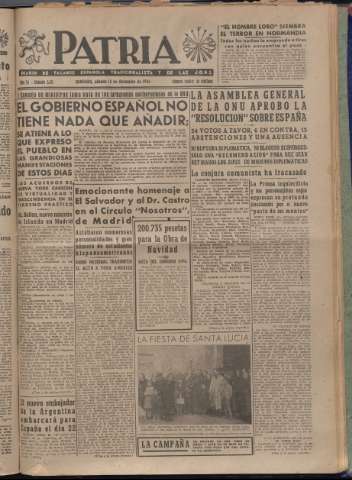 'Patria : diario de Falange Española Tradicionalista y de las J.O.N.S.' - Año XI Número 3131 - 1946 diciembre 14