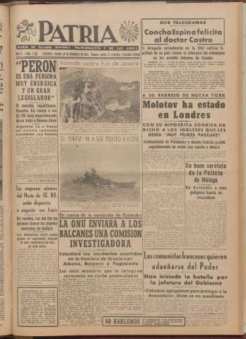 'Patria : diario de Falange Española Tradicionalista y de las J.O.N.S.' - Año XI Número 2ed_3136 - 1946 diciembre 20