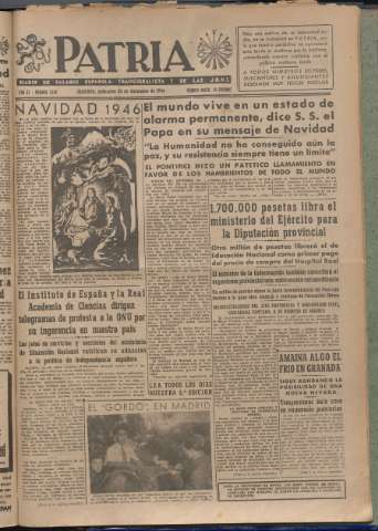 'Patria : diario de Falange Española Tradicionalista y de las J.O.N.S.' - Año XI Número 3140 - 1946 diciembre 25