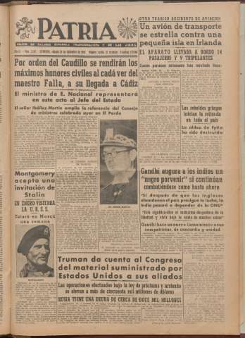 'Patria : diario de Falange Española Tradicionalista y de las J.O.N.S.' - Año XI Número 2ed_3142 - 1946 diciembre 28