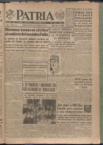 'Patria : diario de Falange Española Tradicionalista y de las J.O.N.S.' - Año XI Número 3143 - 1946 diciembre 30