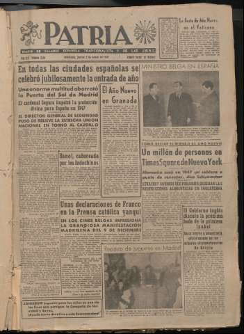 'Patria : diario de Falange Española Tradicionalista y de las J.O.N.S.' - Año XII Número 3146 - 1947 enero 2