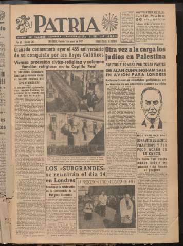 'Patria : diario de Falange Española Tradicionalista y de las J.O.N.S.' - Año XII Número 3147 - 1947 enero 3
