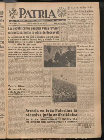 'Patria : diario de Falange Española Tradicionalista y de las J.O.N.S.' - Año XII Número 3148 - 1947 enero 4