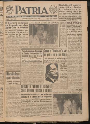 'Patria : diario de Falange Española Tradicionalista y de las J.O.N.S.' - Año XII Número 3150 - 1947 enero 7