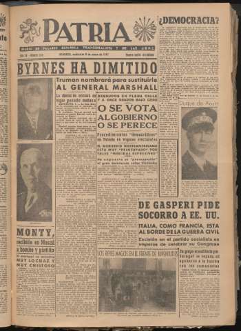 'Patria : diario de Falange Española Tradicionalista y de las J.O.N.S.' - Año XII Número 3151 - 1947 enero 8