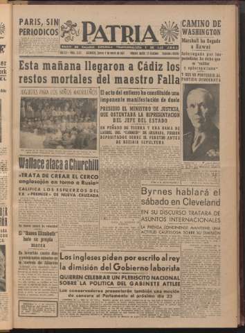'Patria : diario de Falange Española Tradicionalista y de las J.O.N.S.' - Año XII Número 2ed_3152 - 1947 enero 9
