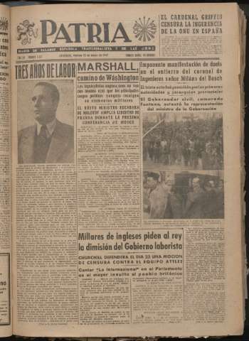 'Patria : diario de Falange Española Tradicionalista y de las J.O.N.S.' - Año XII Número 3153 - 1947 enero 10