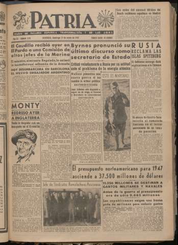 'Patria : diario de Falange Española Tradicionalista y de las J.O.N.S.' - Año XII Número 3155 - 1947 enero 12