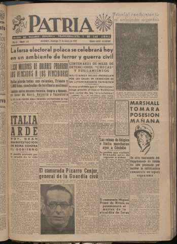 'Patria : diario de Falange Española Tradicionalista y de las J.O.N.S.' - Año XII Número 3161 - 1947 enero 19