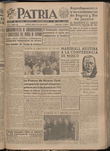 'Patria : diario de Falange Española Tradicionalista y de las J.O.N.S.' - Año XII Número 3166 - 1947 enero 25